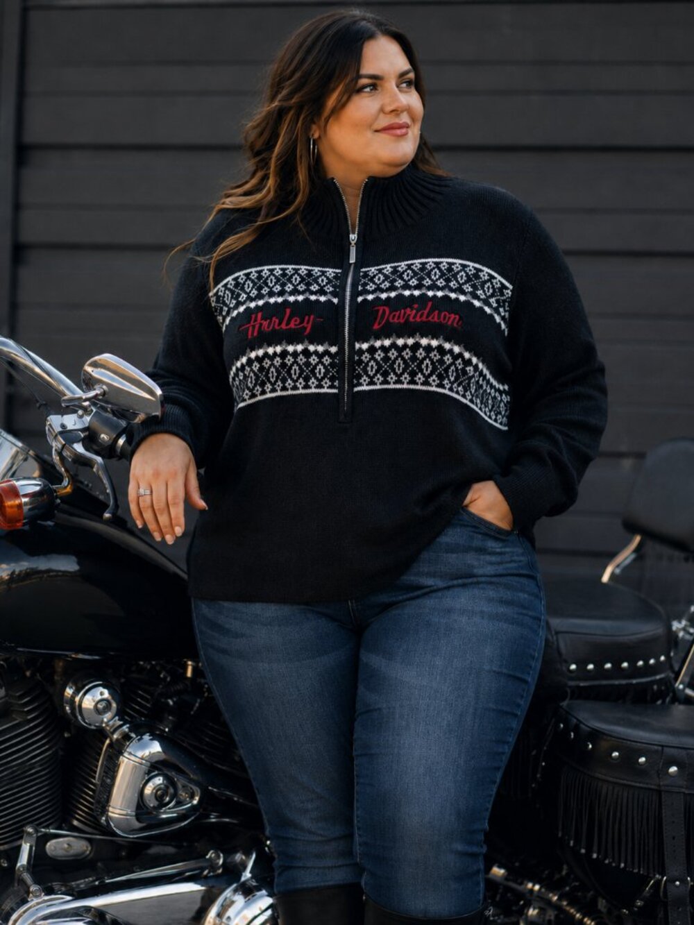 Harley-Davidson 2XL 1/4 Zip Knit Sweater Fair Isle Mock Neck Black Pink Women's